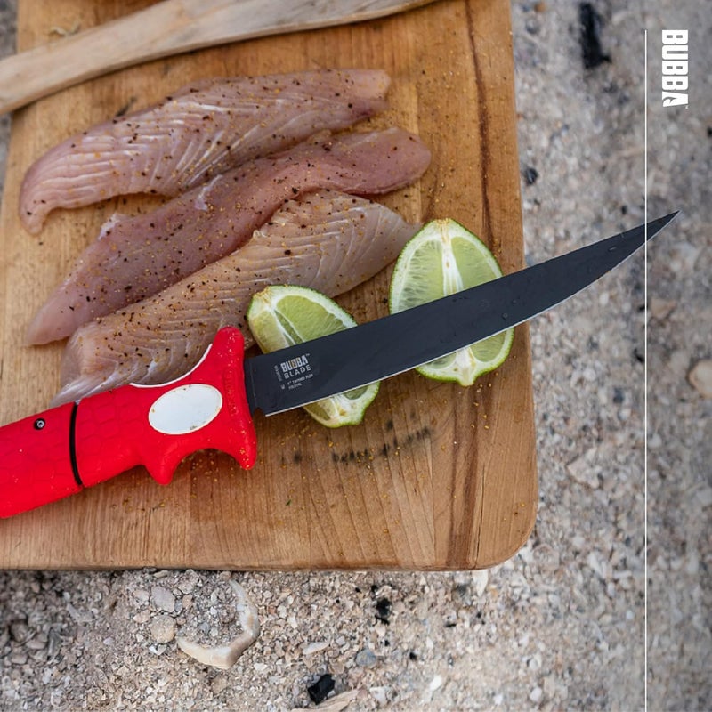 Bubba 7" Tapered Flex Folding Knife with Non-Slip Grip Handle, Offset Full Tang Stainless Steel Blade, Lanyard Hole and Synthetic Sheath for Fishing - Image 2