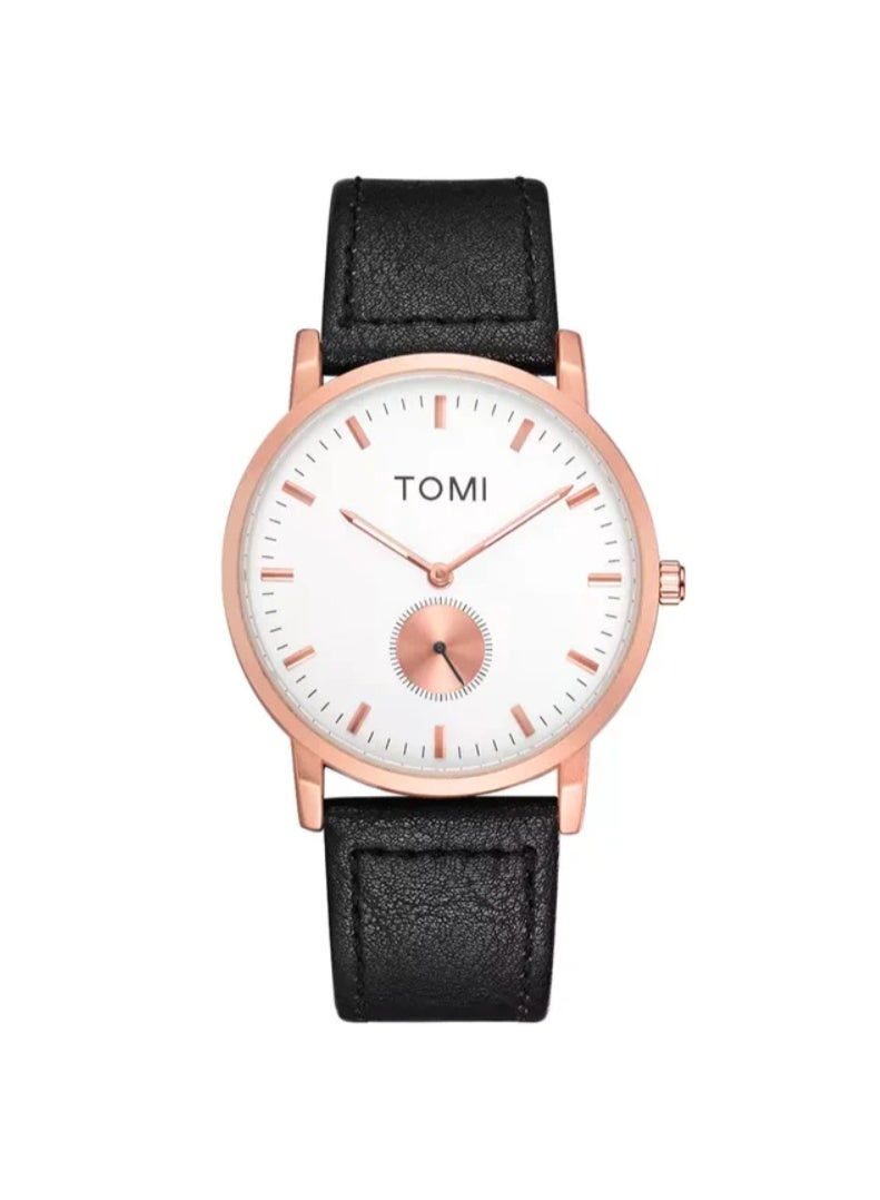 Chronograph Slim Dial Quartz Watch – Rose Gold Case with Black Leather Strap, Waterproof, Minimalist Analog Display for Men & Women