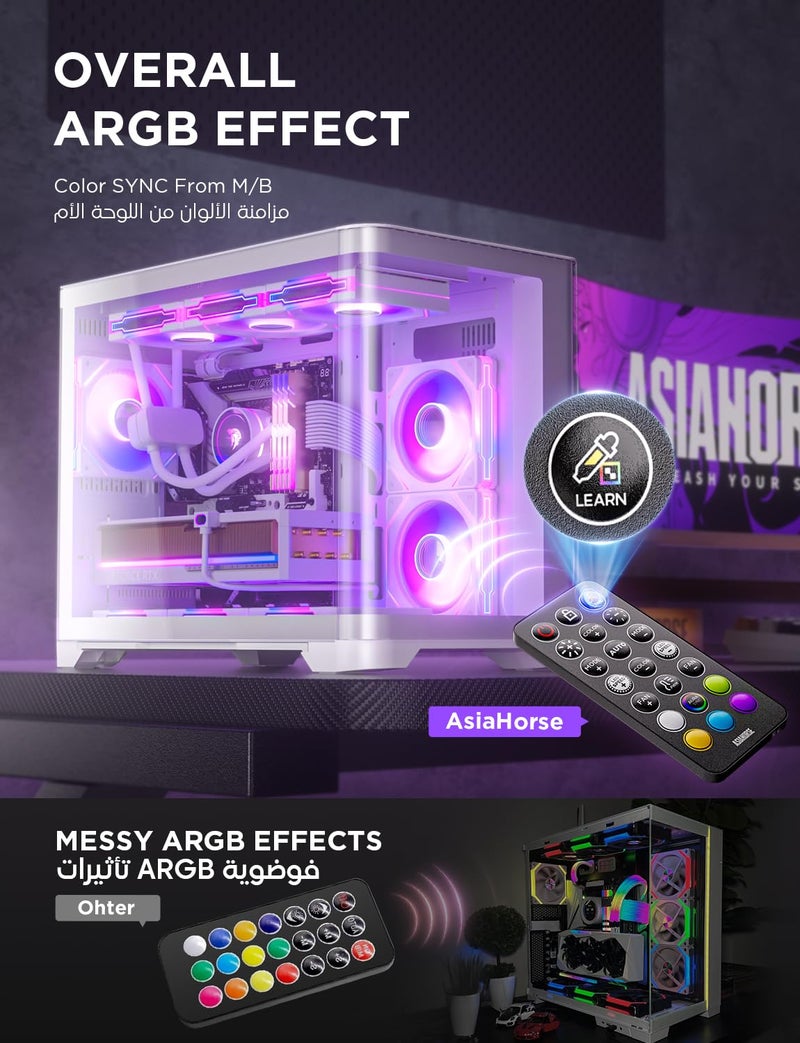 AsiaHorse ASH-S1 ARGB وحدة تحكم محور مروحة - 9 منافذ PWM و ARGB قابلة للعنونة 5V مع جهاز تحكم عن بعد، يدعم 20 تأثيرًا مسبقًا ووضع تعلم الألوان، متوافق مع Aura Sync، لبناء أجهزة كمبيوتر مخصصة - Image 3