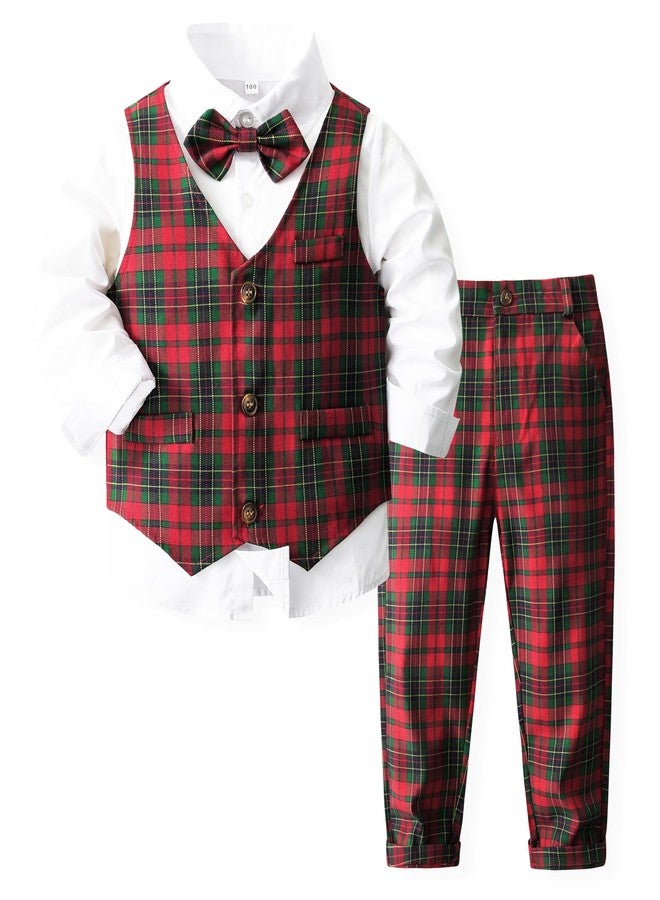 Kimocat Baby Boy Clothes Outfit Suit Long Sleeve Gentleman Tuxedo Vest Wedding Birthday Party Suit (US, Age, 2 Years, Red Plaid Set) - Image 1