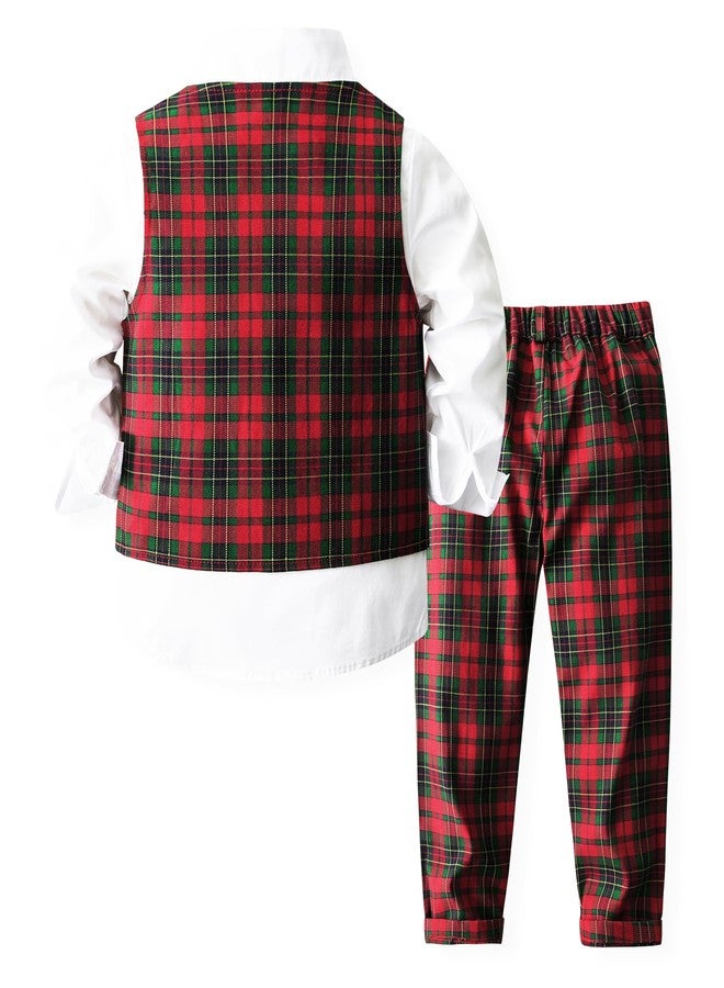 Kimocat Baby Boy Clothes Outfit Suit Long Sleeve Gentleman Tuxedo Vest Wedding Birthday Party Suit (US, Age, 2 Years, Red Plaid Set) - Image 2