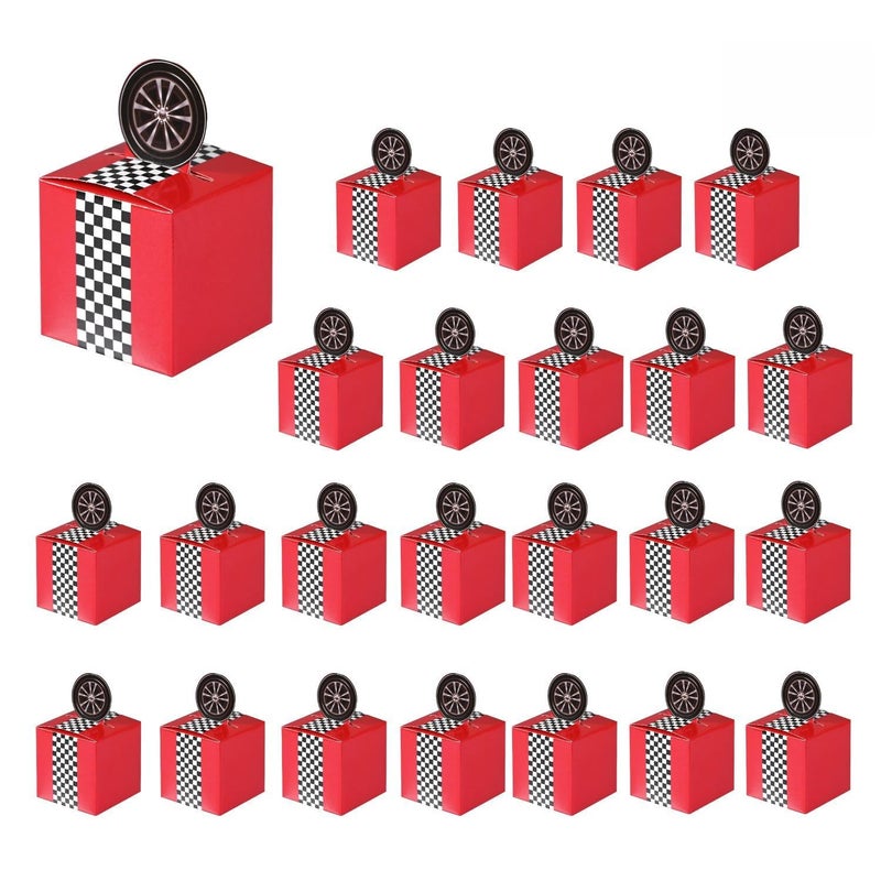 HappFestiv 24 Pcs Race Car Party Favor Boxes, 2.17inch Foldable Paper Checkered Goodie Boxes, Treat Boxes for Candy Snacks & Gifts, Racing Theme Birthday Party Supplies - Image 1