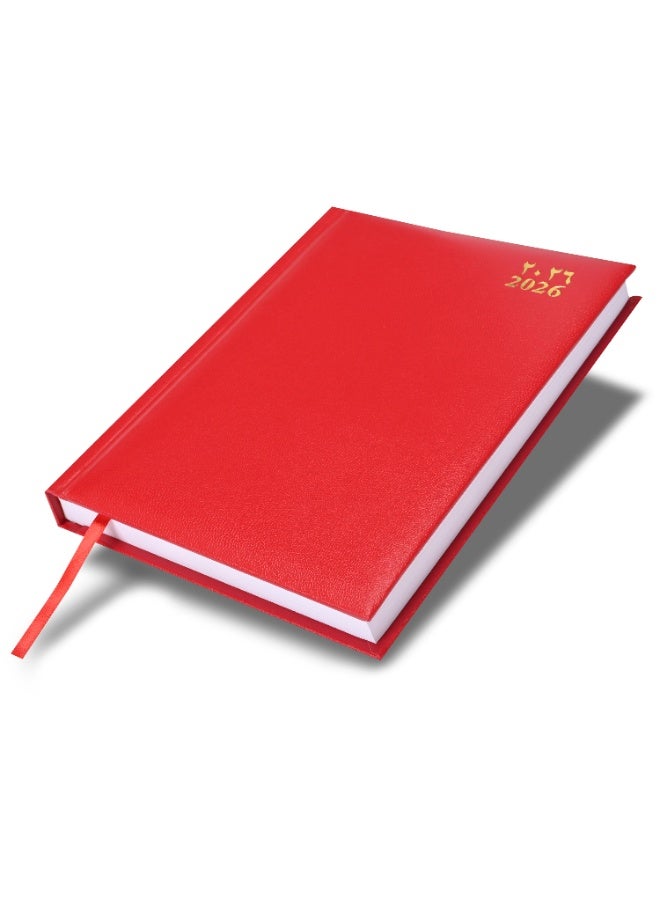 FIS مفكرة A5 2026، بحجم 148x210 مم، غلاف فينيل مبطن من جهة واحدة، تنسيق يوم في صفحة، ورق أبيض 60 جرام، إنجليزي/عربي، غلاف أحمر - FSDI18AE26RE - Image 1