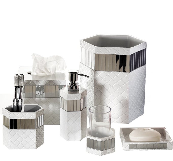 QUILTED MIRROR WHITE BATHROOM ACCESSORIES SET DECORATIVE 6 PIECE BATHROOM SET INCLUDES TRASH CAN TISSUE BOX COVER SOAP DISPENSER TOOTHBRUSH HOLDER TUMBLER SOAP DISH