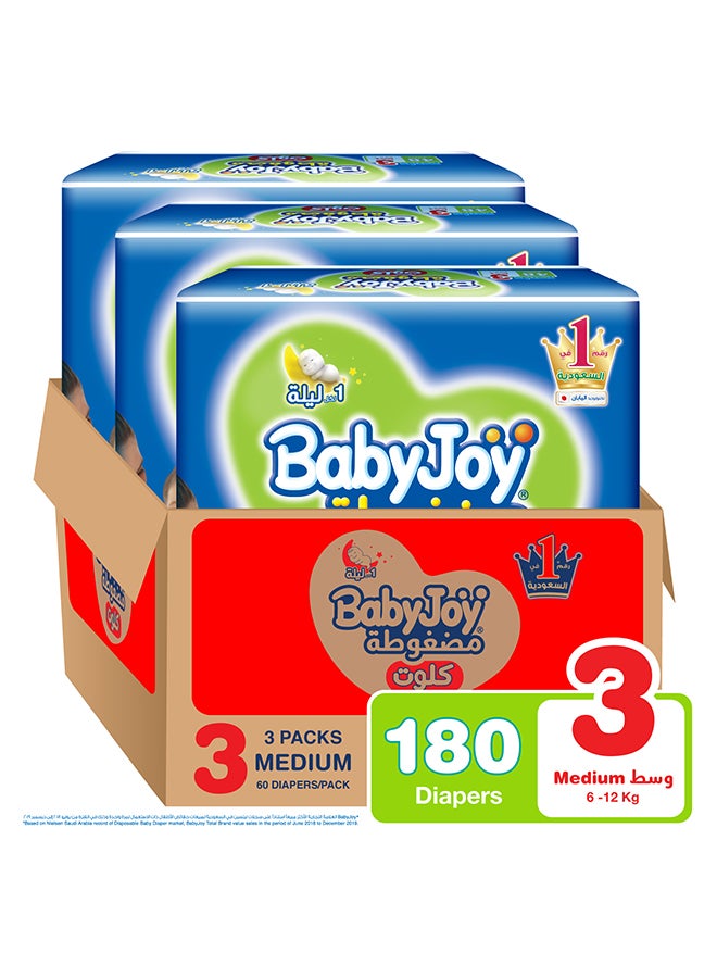 BabyJoy Compressed Culotte Pants Diaper, Size 3, Medium, 6-12 Kg, Mega Box, 180 Diapers - Image 1