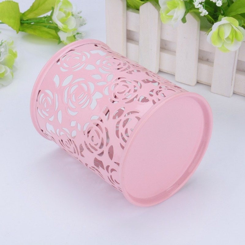 Office Desk Pen Holder: 4.7 Inch Metal Pen Container With Creative Hollow Rose Pattern - Sturdy Durable Pencil Pot Organizer For Office Home Desk Accessories - Image 3