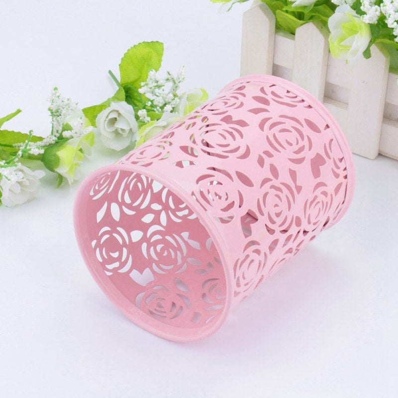 Office Desk Pen Holder: 4.7 Inch Metal Pen Container With Creative Hollow Rose Pattern - Sturdy Durable Pencil Pot Organizer For Office Home Desk Accessories - Image 1