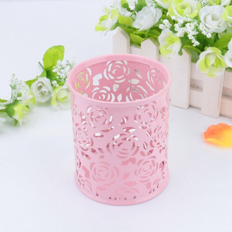 Office Desk Pen Holder: 4.7 Inch Metal Pen Container With Creative Hollow Rose Pattern - Sturdy Durable Pencil Pot Organizer For Office Home Desk Accessories - Image 4