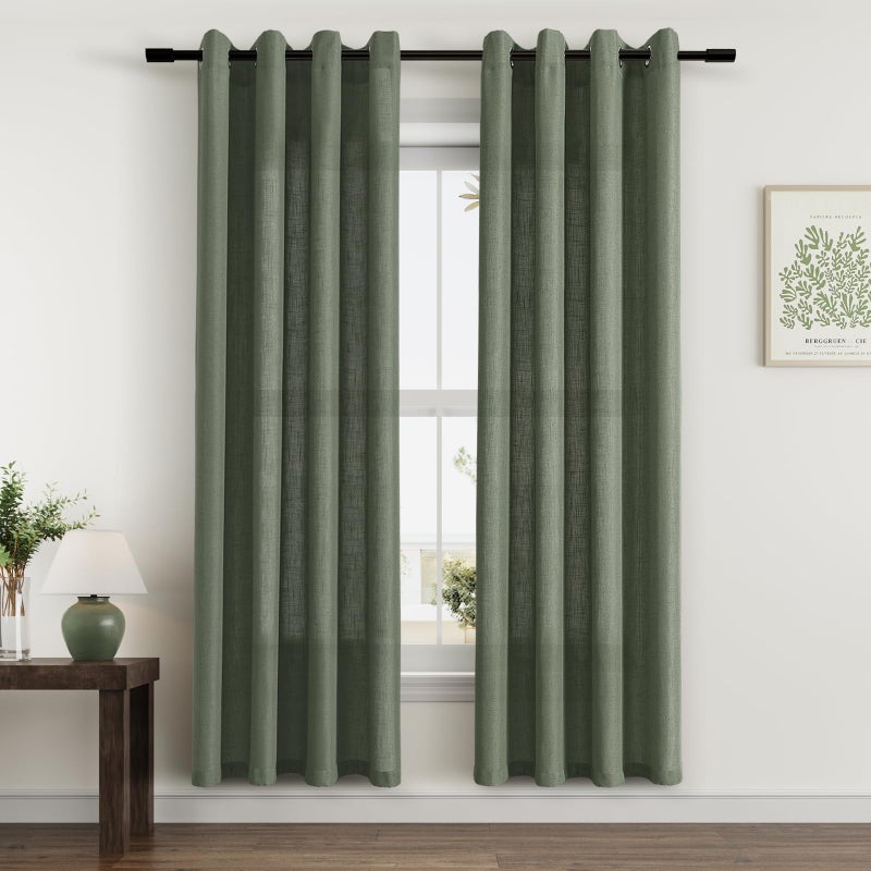 Aersas 80 Inch Olive Green Linen Curtains for Living Room 2 Panels Semi Sheer Light Filter Linen Drape Boho Farmhouse Floor Length Grommet Forest Green Curtains 80 Inches Long for Bedroom Aesthetic Office - Image 1