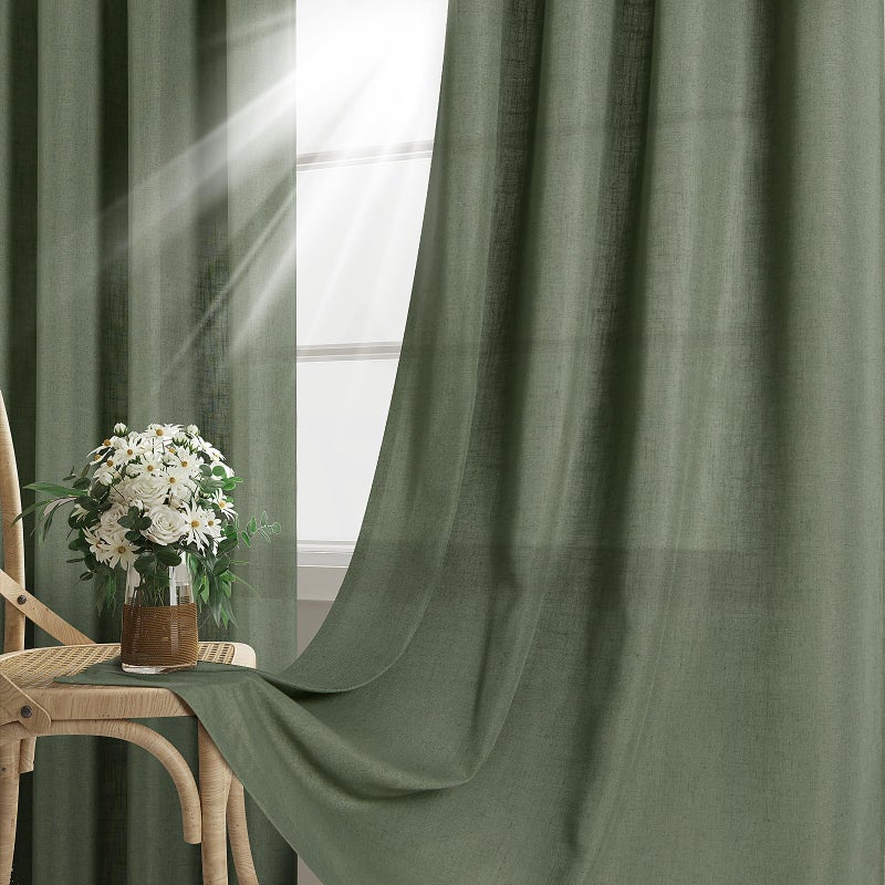 Aersas 80 Inch Olive Green Linen Curtains for Living Room 2 Panels Semi Sheer Light Filter Linen Drape Boho Farmhouse Floor Length Grommet Forest Green Curtains 80 Inches Long for Bedroom Aesthetic Office - Image 2