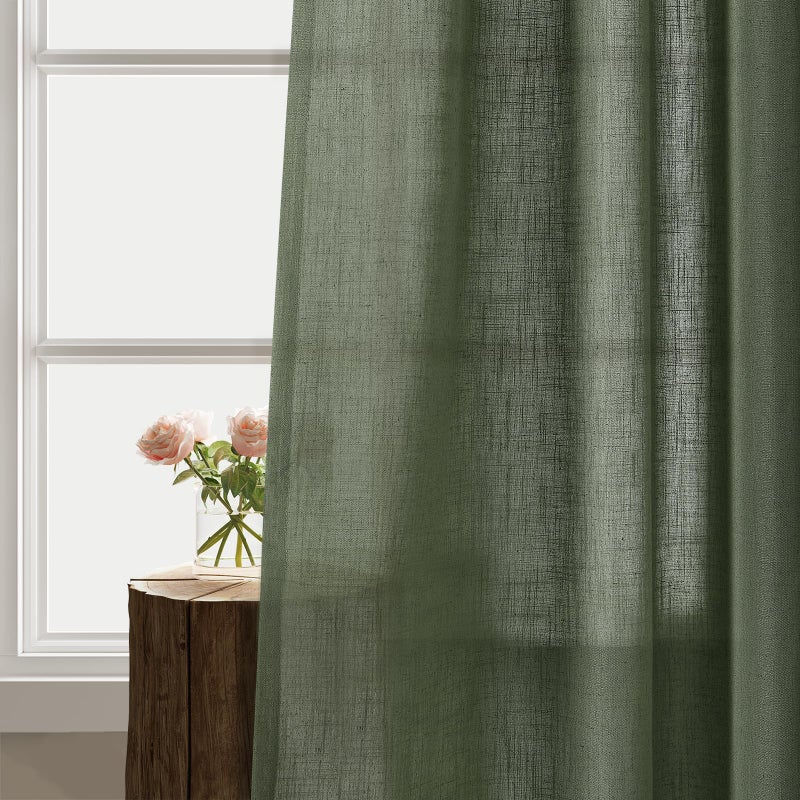 Aersas 80 Inch Olive Green Linen Curtains for Living Room 2 Panels Semi Sheer Light Filter Linen Drape Boho Farmhouse Floor Length Grommet Forest Green Curtains 80 Inches Long for Bedroom Aesthetic Office - Image 3