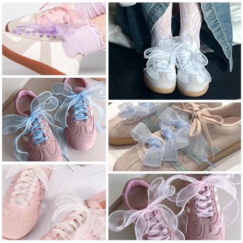 UamGlsob 4CM Fancy Organza Silk Shoe Laces for Womens Sneakers, Cute Sheer Satin Ribbon Shoelaces Replacement Yarn Strings (Pink,54"/140cm) - Image 5
