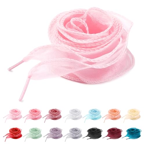 UamGlsob 4CM Fancy Organza Silk Shoe Laces for Womens Sneakers, Cute Sheer Satin Ribbon Shoelaces Replacement Yarn Strings (Pink,54"/140cm) - Image 1