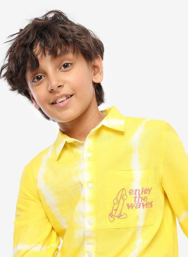 Bonkids Regular Long Sleeve Printed Yellow And And And White Cotton Shirt For Boys 100 % Cotton
