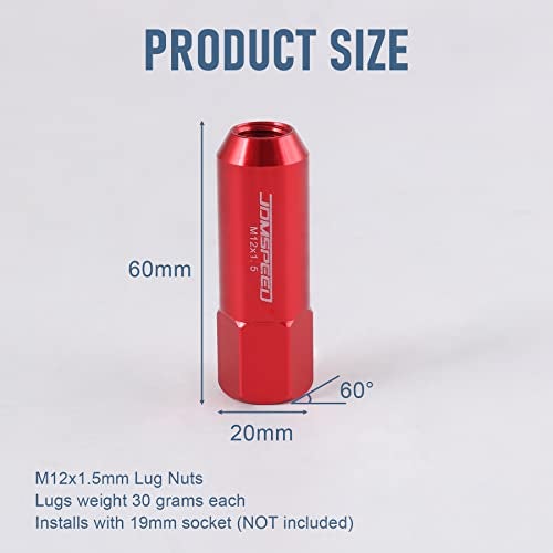 JDMSPEED Red 60MM Aluminum Extended Tuner Lug Nuts Replacement for Wheel Rims M12X1.5 20PCS - Image 3