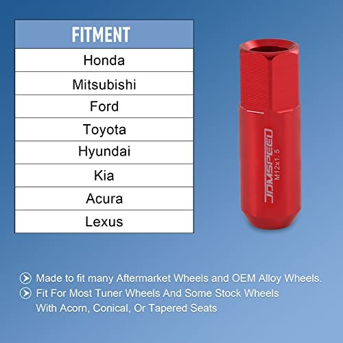 JDMSPEED Red 60MM Aluminum Extended Tuner Lug Nuts Replacement for Wheel Rims M12X1.5 20PCS - Image 2