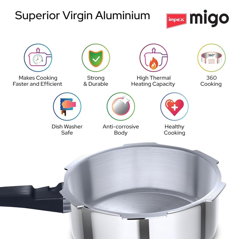 Impex مجموعة قدر ضغط من الألمنيوم مع غطاء خارجي متوافقة مع موقد الغاز والحرارة induction لطهي صحي، ضمان 5 سنوات (2 لتر، 3 لتر و5 لتر)، فضي - Image 4
