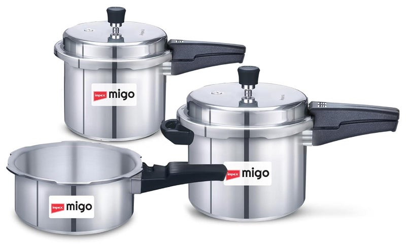 Impex مجموعة قدر ضغط من الألمنيوم مع غطاء خارجي متوافقة مع موقد الغاز والحرارة induction لطهي صحي، ضمان 5 سنوات (2 لتر، 3 لتر و5 لتر)، فضي - Image 1