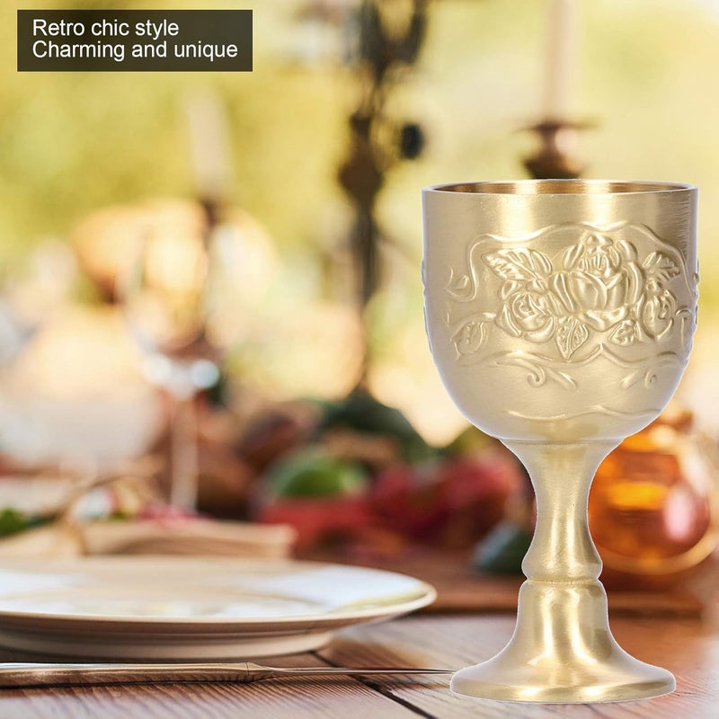 comfrt Brass Goblet Chalice, Vintage Embossed Engraving Flower Pattern Wine Glasses Cup Liqueur Goblet Wine Chalice(S) - Image 2