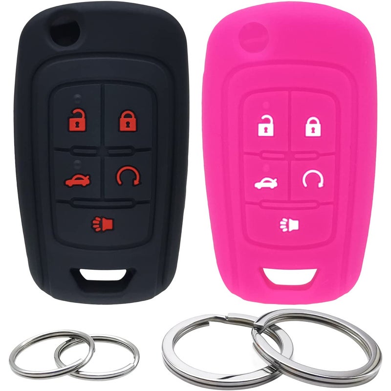 2Pcs Silicone 5Buttons Key Fob Cover Remote Case Keyless Protector Compatible with Chevrolet Chevy Malibu Camaro Cruze Limited Equinox Impala Limited Sonic Malibu Limited OHT01060512 Black HotPink