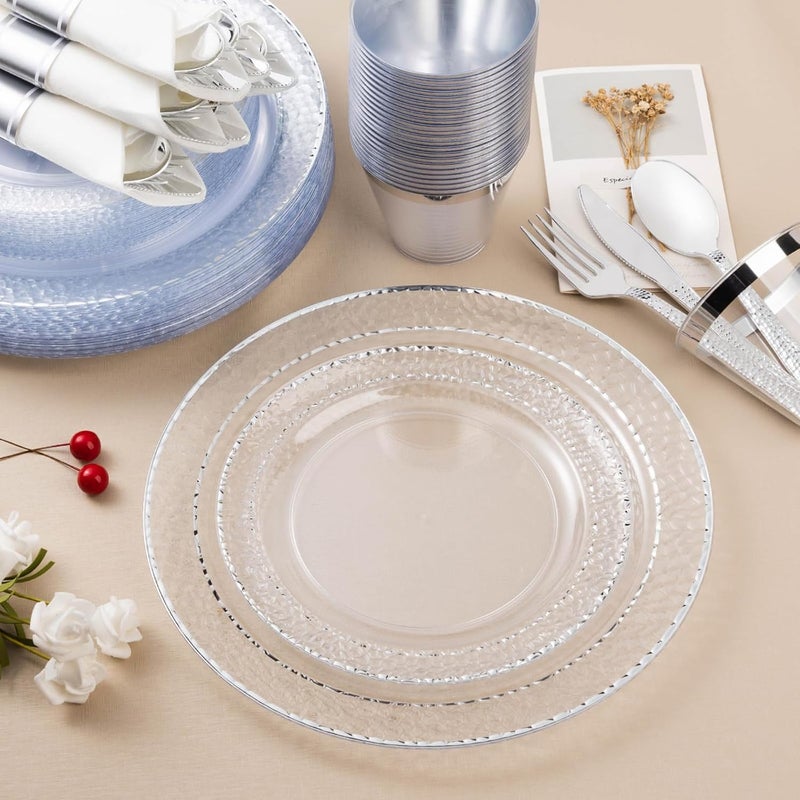 Bestluck 350PCS Clear Plastic Plates with Silver Trim for 50 Guests, Disposable Dinnerware Set for Party & Wedding, Includes 100 Plastic Plates, 50 Pre Rolled Napkins with Silver Silverware, 50 Cups - Image 4