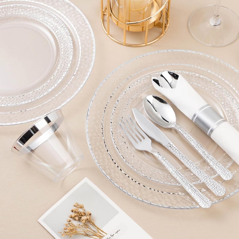 Bestluck 350PCS Clear Plastic Plates with Silver Trim for 50 Guests, Disposable Dinnerware Set for Party & Wedding, Includes 100 Plastic Plates, 50 Pre Rolled Napkins with Silver Silverware, 50 Cups - Image 3
