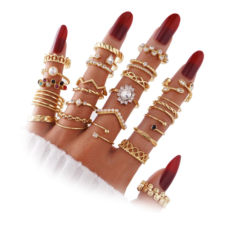 IFKM 28 Pcs Gold Knuckle Rings Set For Women Vintage Stackable Joint Finger Midi Rings Dainty Cubic Zirconia Crystal Simple Twist Hollow Cute Rings Pack Jewelry Gift - Image 1