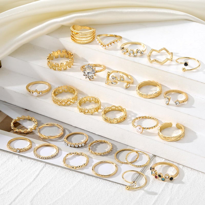 IFKM 28 Pcs Gold Knuckle Rings Set For Women Vintage Stackable Joint Finger Midi Rings Dainty Cubic Zirconia Crystal Simple Twist Hollow Cute Rings Pack Jewelry Gift - Image 3
