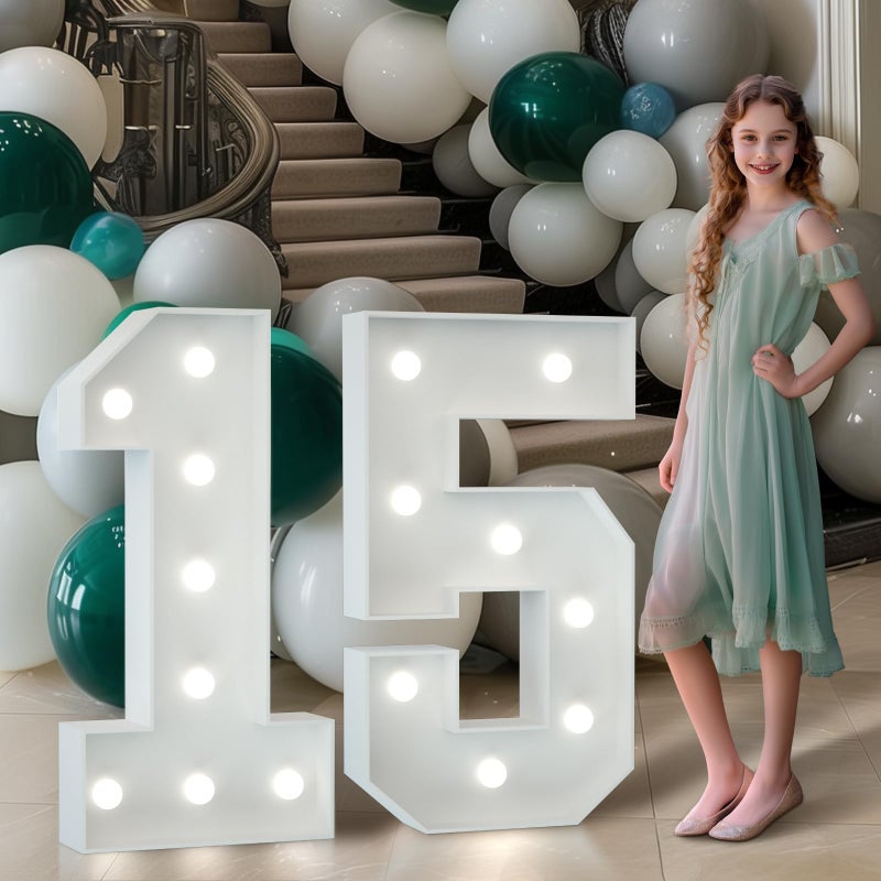 Imprsv Marquee Numbers 3 Feet Tall: Large 15th Birthday Decorations 3FT Light Up Numbers White Anniversary Party Decor Big Backdrop Foam Cardboard Number 15 - Image 1