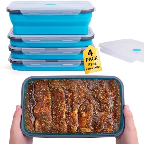 Annaklin Extra Large Collapsible Food Storage Containers with Lid & Air Vent, 81 oz, 4 Pack, XXL Collapsible Marinade Container BBQ Prep Foldable Silicone Containers, Microwave Freezer Dishwasher Safe, Blue - Image 1