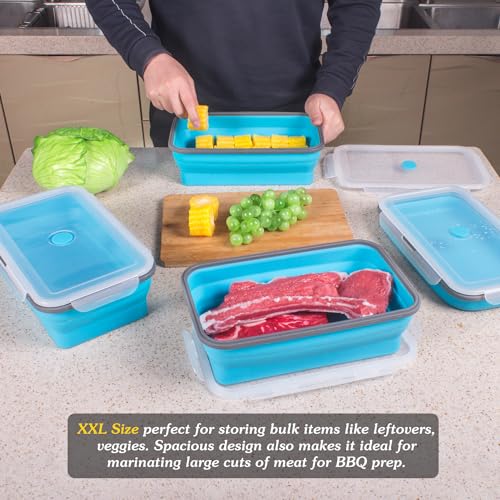 Annaklin Extra Large Collapsible Food Storage Containers with Lid & Air Vent, 81 oz, 4 Pack, XXL Collapsible Marinade Container BBQ Prep Foldable Silicone Containers, Microwave Freezer Dishwasher Safe, Blue - Image 2