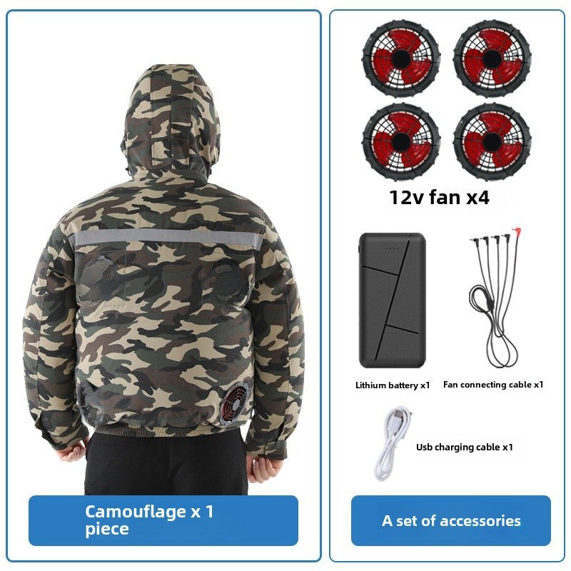 Quad Fan Cooling Jacket Hooded Removable Unisex Workwear UV Protection 666 camouflage 12V4 big fan 12V battery