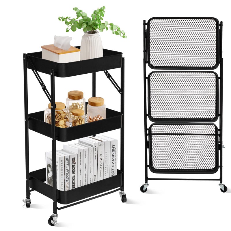 Genaric SKY-TOUCH 3 Tier Foldable Metal Rolling Utility Cart Organizer, Multipurpose Organizer Trolley With Casters For Kitchen, Bedroom, Bathroom, Office, Laundry Room And Garage Black^46X30X76cm