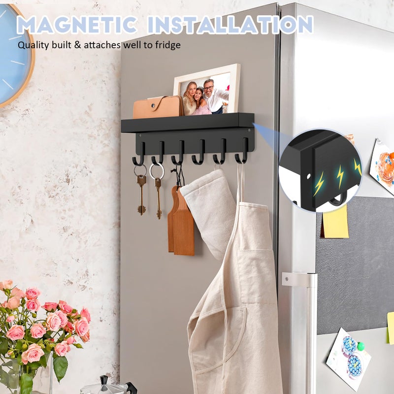 kuaima Magnetic Key Holder, Small Wall Mount Key Rack with Shelf for Fridge, 6 Metal Hooks, 9.65 Inch, 2 Installation Options, Black - Image 2