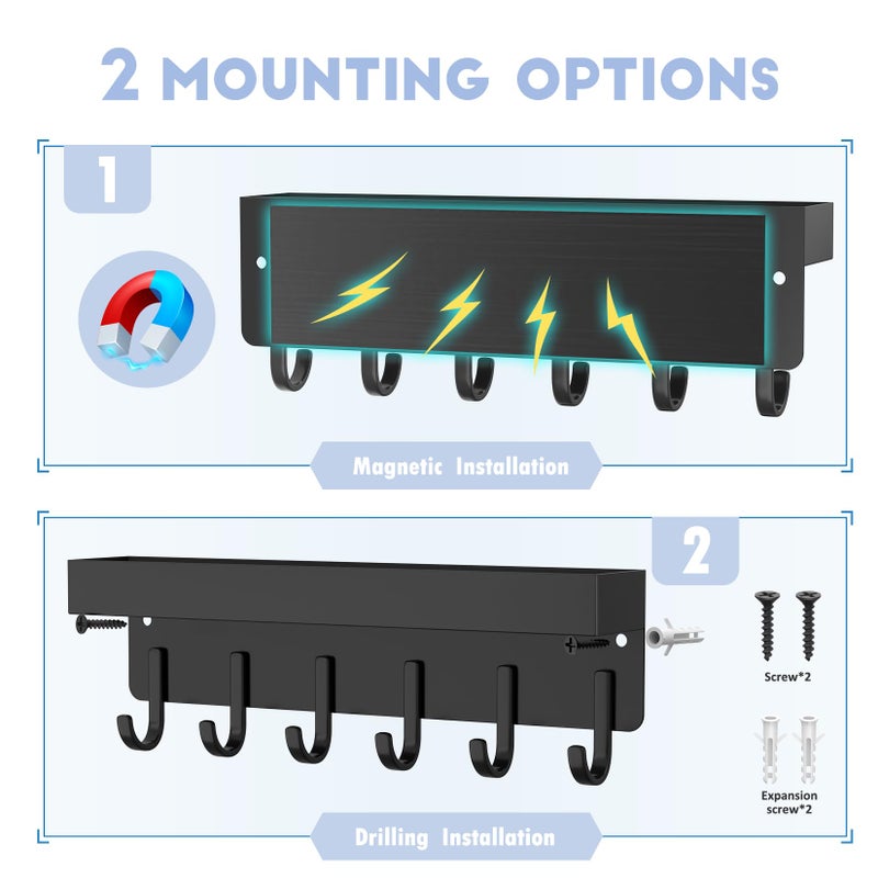 kuaima Magnetic Key Holder, Small Wall Mount Key Rack with Shelf for Fridge, 6 Metal Hooks, 9.65 Inch, 2 Installation Options, Black - Image 3