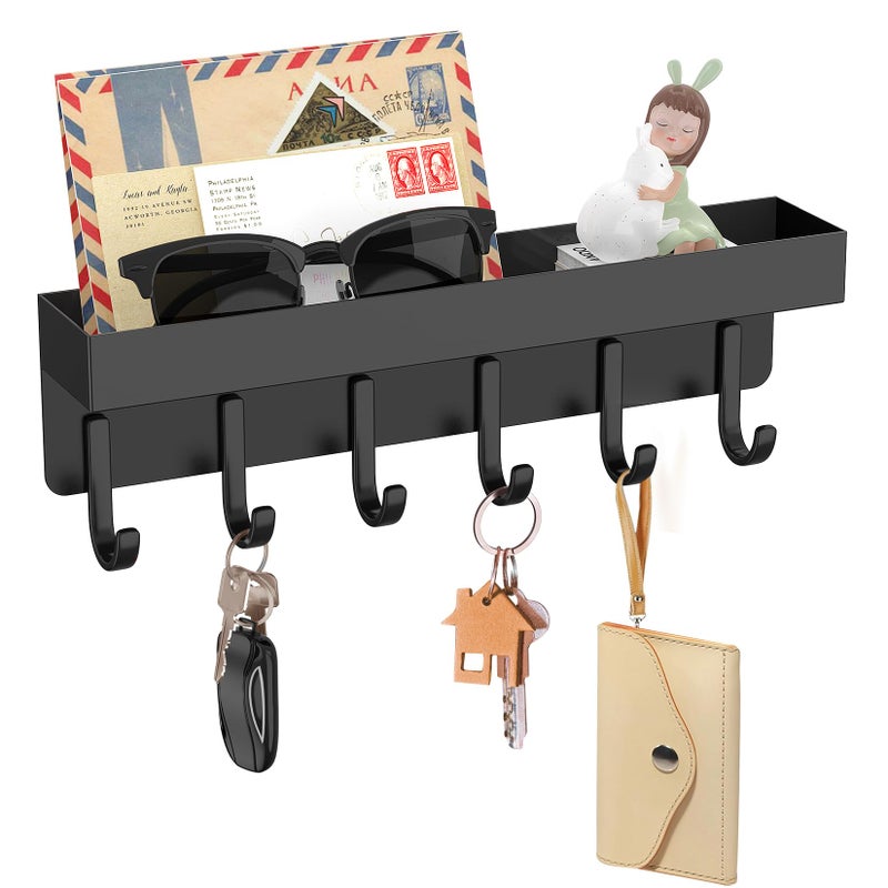 kuaima Magnetic Key Holder, Small Wall Mount Key Rack with Shelf for Fridge, 6 Metal Hooks, 9.65 Inch, 2 Installation Options, Black - Image 1