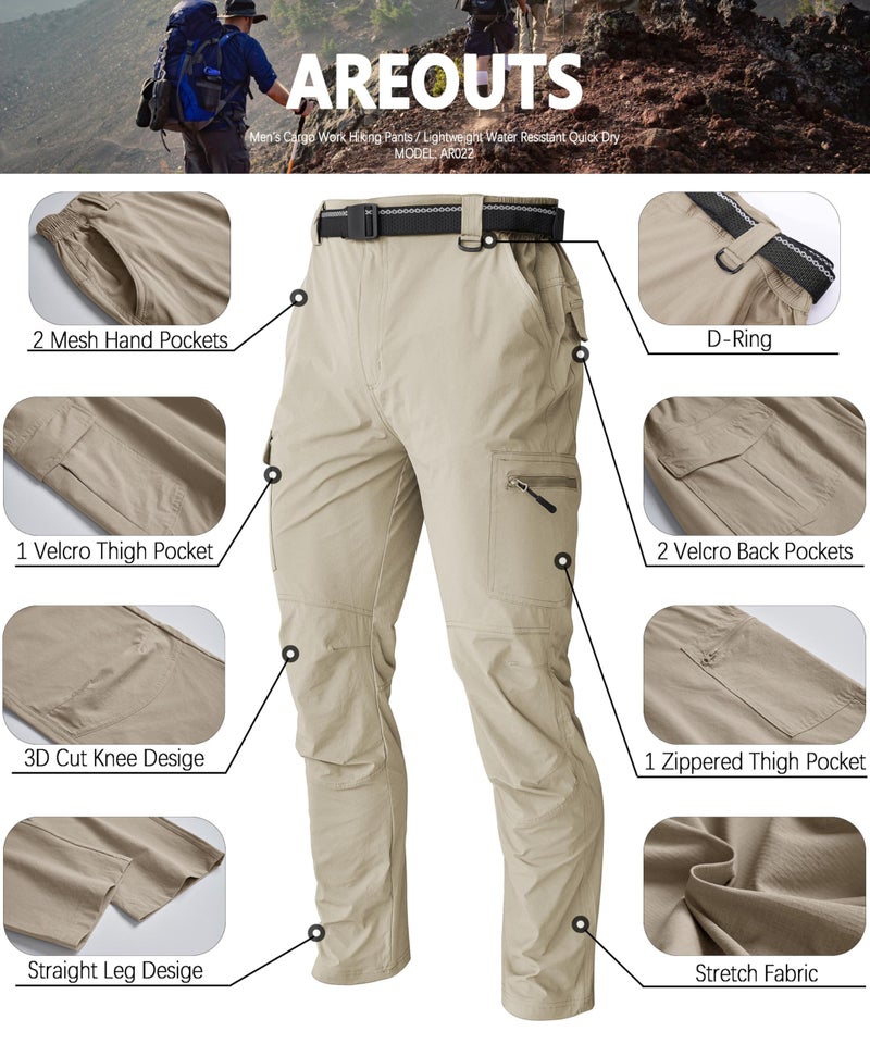 AREOUTS Men's Cargo Work Hiking Pants Lightweight Water Resistant Quick Dry Fishing Travel Camping Outdoor Breathable Multi Pockets Light Khaki L - Image 5