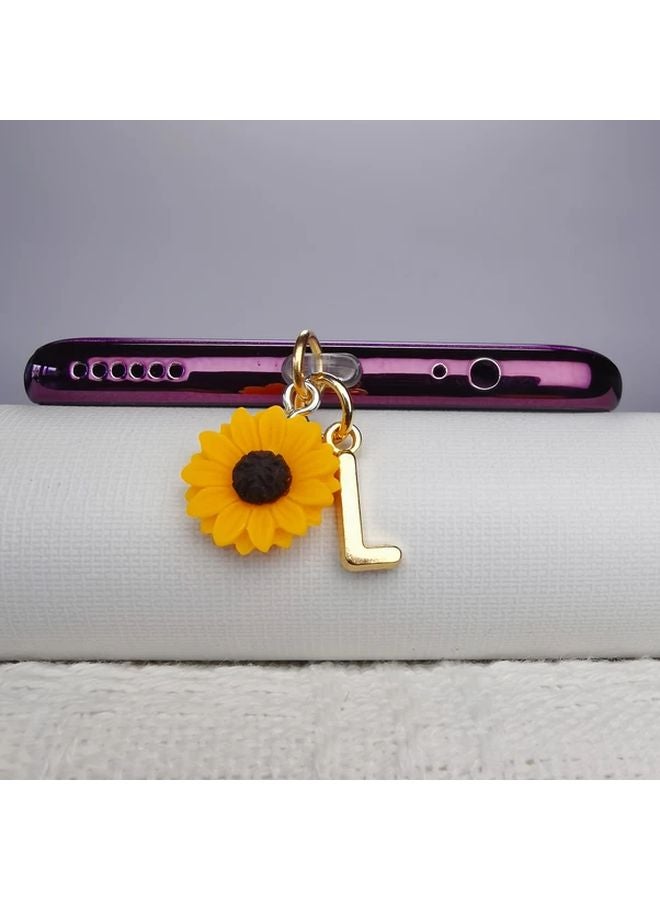 Type C Phone Dust Plug Golden English Letter L And Sunflower Charging Port Cover - Image 1