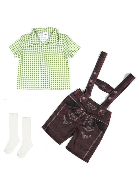 A two-piece set of three-color beer suit for boys, overalls and checked shirt