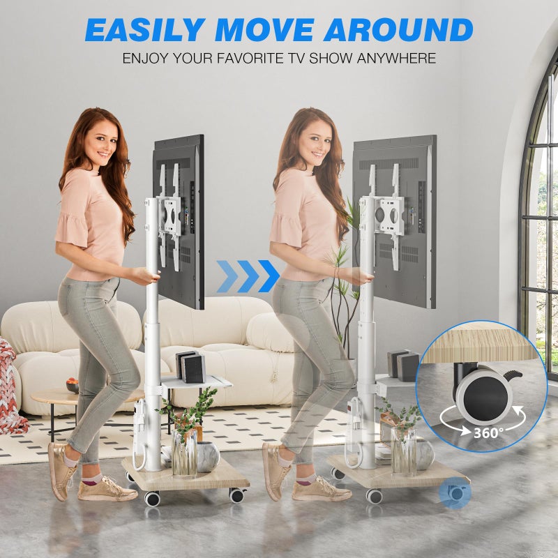 Rfiver Sleek Rolling TV Stand with Power Outlet for Home Decor, Height Adjustable Portable TV Stand on Wheels for 32-75 Inch TVs, Strong Tall Mobile TV Cart with Mount Up to 88 lbs, White - Image 5