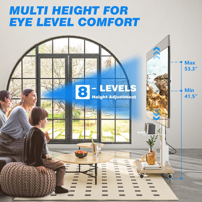 Rfiver Sleek Rolling TV Stand with Power Outlet for Home Decor, Height Adjustable Portable TV Stand on Wheels for 32-75 Inch TVs, Strong Tall Mobile TV Cart with Mount Up to 88 lbs, White - Image 4