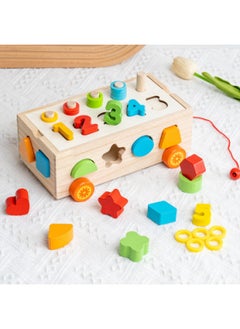 Wooden Multifunctional Pulling Radish Farm Fruit Cognitive Shape Matching Drag Trolley Children's Early Education Toys-Color:Shape Building Block Trailer (logarithmic Board Model)