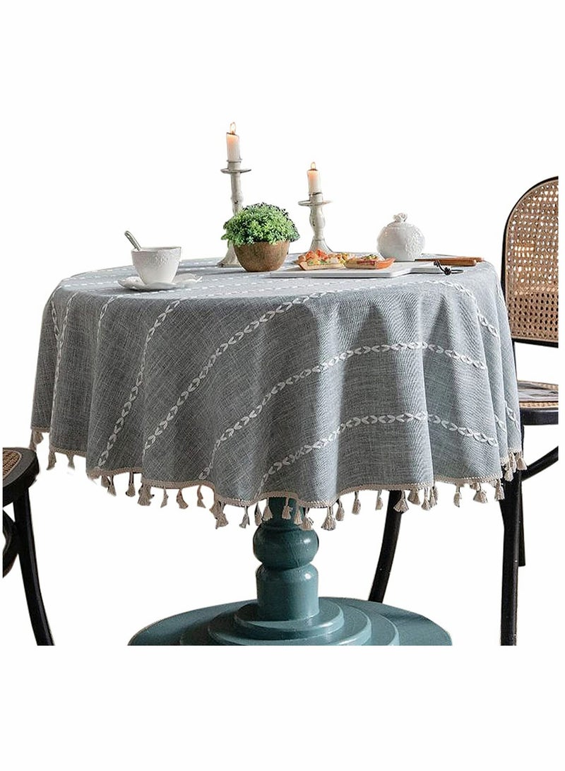 KASTWAVE أغطية طاولات، دائرية ريفية، قماش قطن ولين مزخرف بخطوط، مع غطاء طاولة ثقيل بالتاج، لتزيين طاولة الطعام في المطبخ (رمادي، دائري 60 إن) - Image 1
