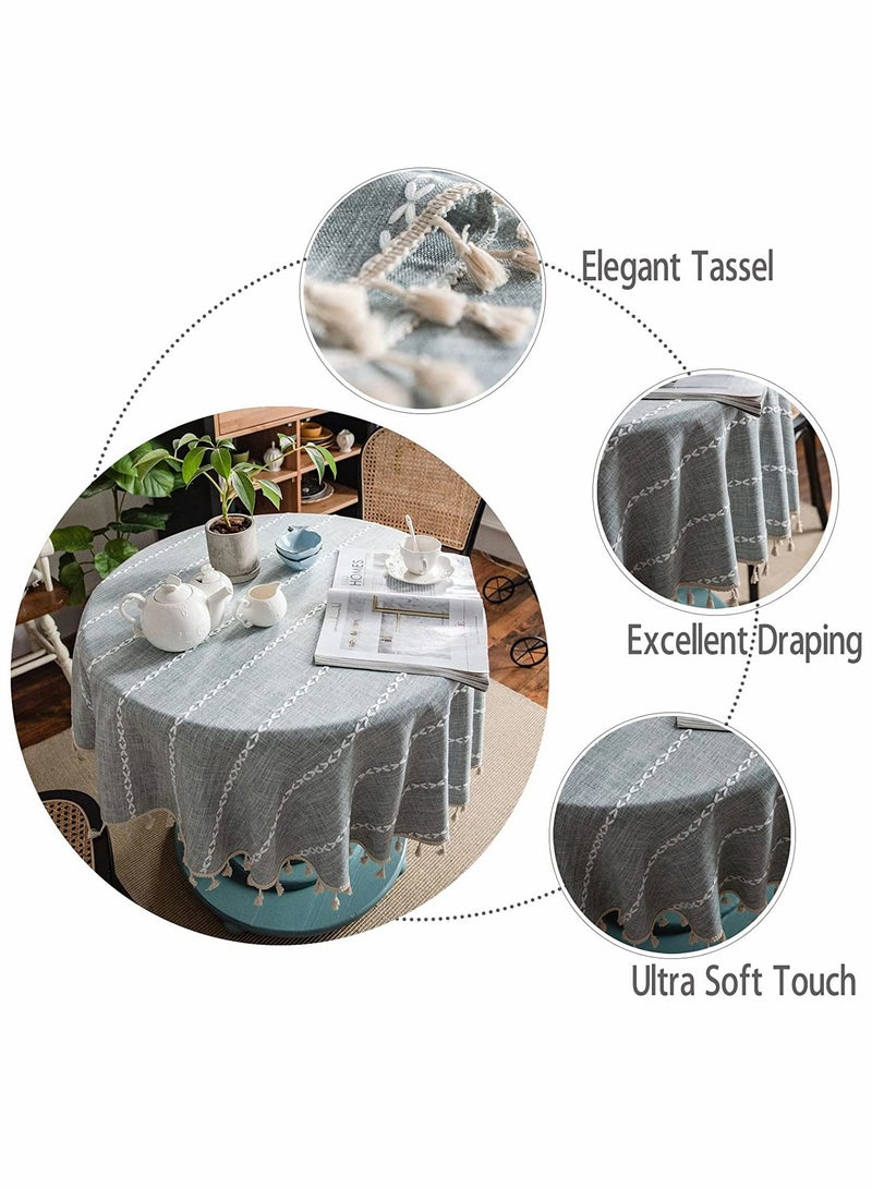KASTWAVE أغطية طاولات، دائرية ريفية، قماش قطن ولين مزخرف بخطوط، مع غطاء طاولة ثقيل بالتاج، لتزيين طاولة الطعام في المطبخ (رمادي، دائري 60 إن) - Image 3