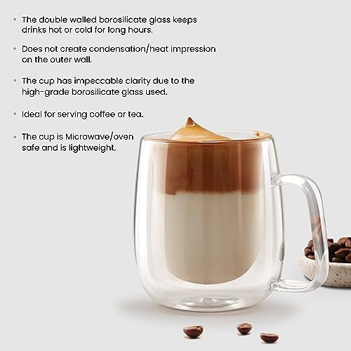 Treo by Milton Double Wall Glass Coffee Cups, 260 ml, Double Layer Tea & Coffee Mug, Crystal Clear, Microwave Safe, Hot & Cold Drinks, Hot Chocolate, Milk, Cappuccino, Expresso Cup - Image 2