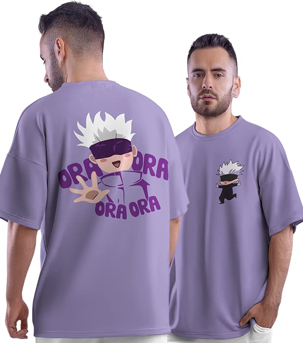 crazymonk Unisex Cotton Jujutsu Kaisen Ora Ora Gojo Satoru Anime Oversized T-Shirt - Lilac, XL, Multicolor - Image 1