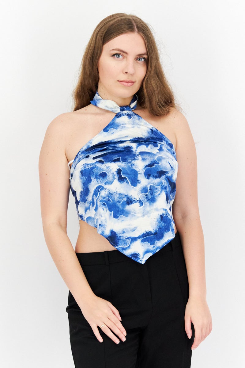Royalty by Maluma Women Halter Neck Sleeveless Abstract Print Satin Top, Blue Combo  - Image 1