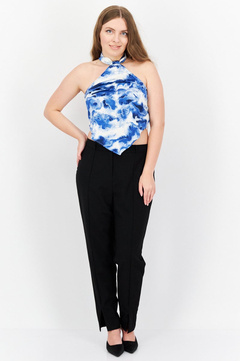 Royalty by Maluma Women Halter Neck Sleeveless Abstract Print Satin Top, Blue Combo  - Image 3
