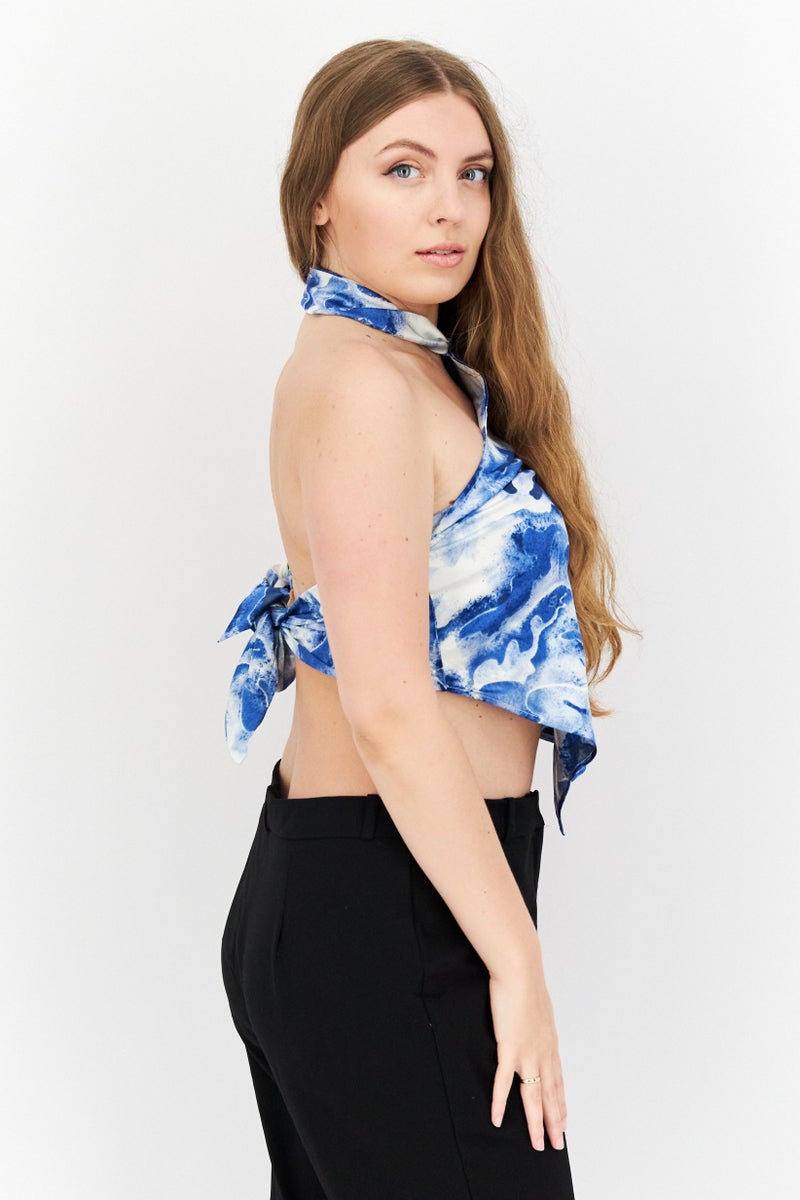 Royalty by Maluma Women Halter Neck Sleeveless Abstract Print Satin Top, Blue Combo  - Image 4