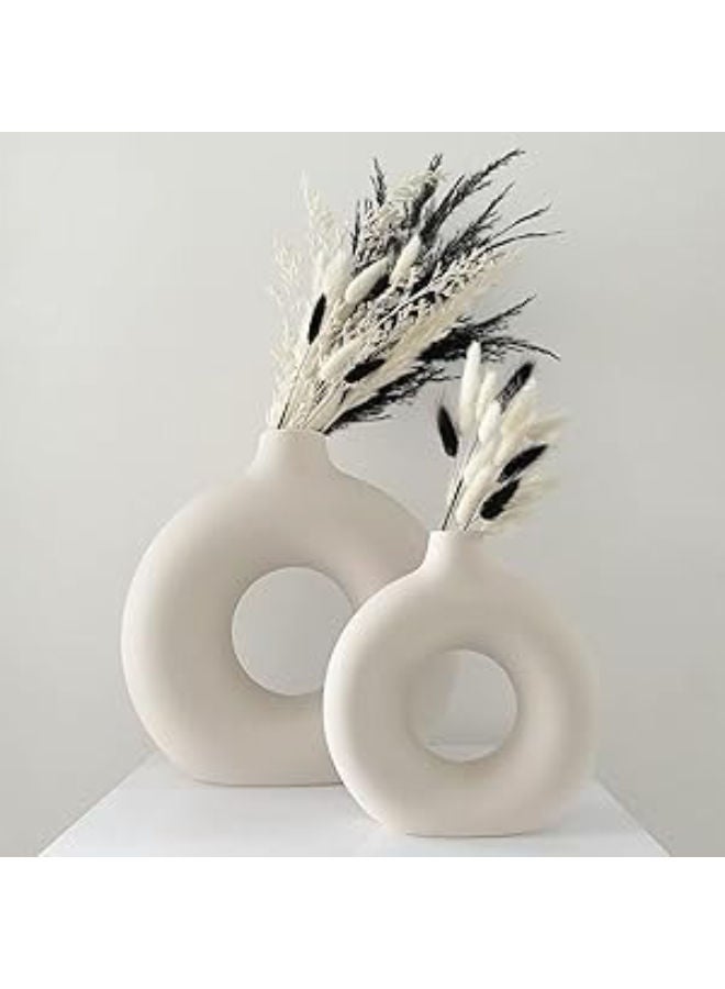 Ceramic Shop The Vase White Ring Vase | Flower Vase | Pampas Grass Vase | Vase | Round Shaped Vase | Home Decor Centrepiece | Decor Showpiece Donut Vase - (Set Of 2) 8 And 6 Inches 